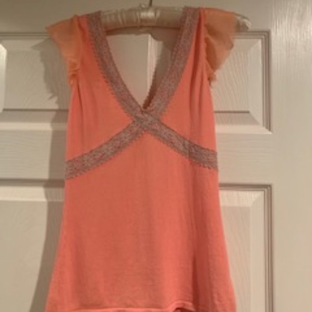 Coral v-neck tank with beige lace and silk flutter sleeves